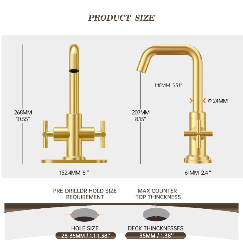 Phiestina Brushed Gold 2-Handle 4 Inch Centerset Single Hole Bathroom Faucet with Drain,Deck Plate and Supply Hoses, Fit for 1 or 3 Hole, SGF002-10-BG - Image 4